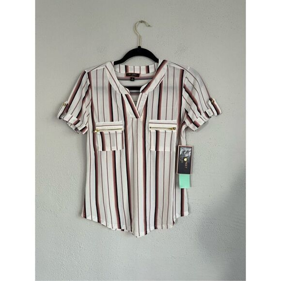 50Th Street Tops - 50TH Street Woman  White/ Pink Striped Short Sleeve B- Neck Blouse, Size…
